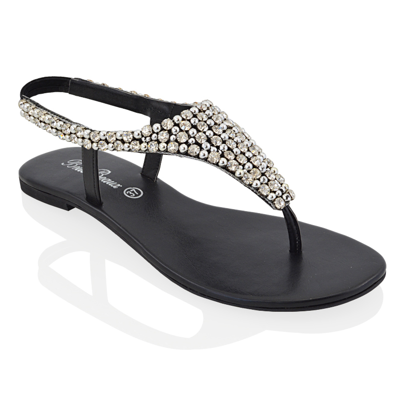 Ladies Flat Toe Post Womens Diamante Pearl Holiday Dressy Party Sandals ...