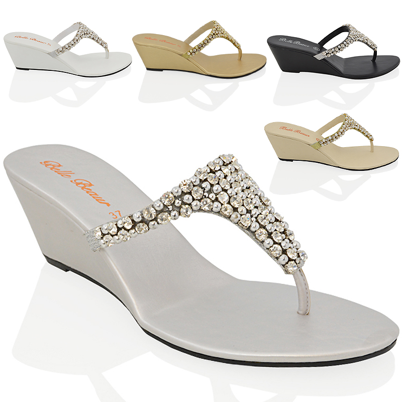 low wedge diamante sandals