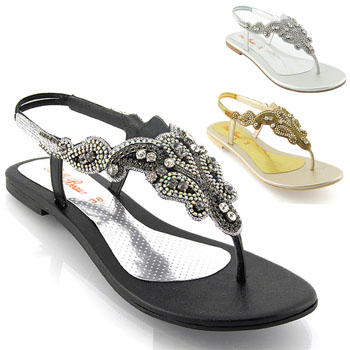 New Womens Flat Diamante Toe Post Ladies Sparkly Dressy Party Sandals ...