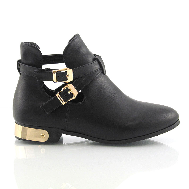 WOMENS LADIES FLAT LOW HEEL BUCKLE CUT OUT CHELSEA ANKLE BOOTS SHOES ...