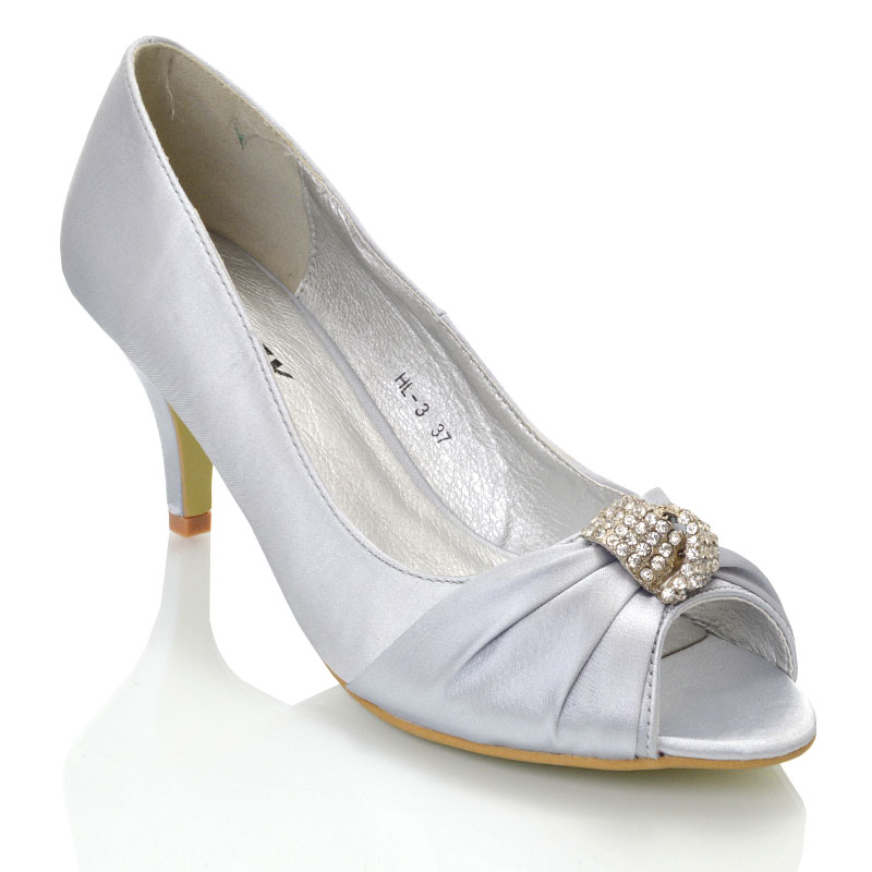 Womens Bridal Low Heel Diamante Buckle Ladies Peep Toe Prom Party Shoes ...