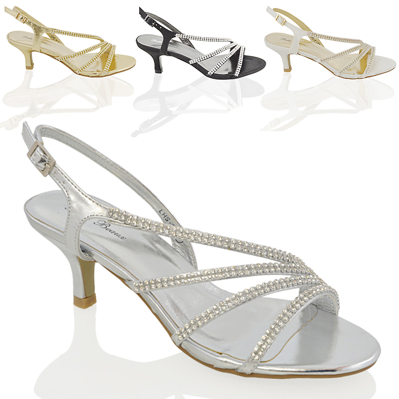 Womens Gold High Heel Peep Toe Diamante Mid Heel Party Prom Sandals Shoe Size