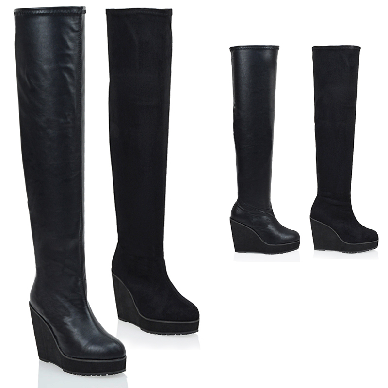 over the knee leather wedge boots